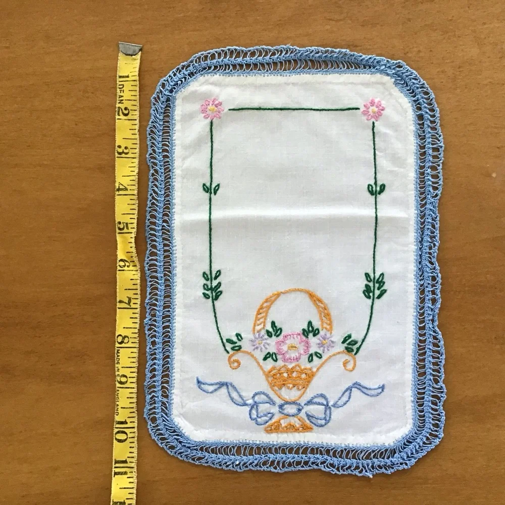 Vintage Embroidered Linen Doilies with Blue Crochet Trim (Set of 3) - Picture 3 of 4